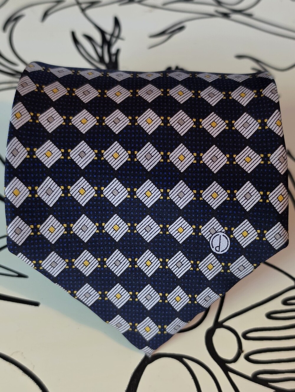 Alfred Dunhill Silk Tie Blue Gold Geometric Diamond Pattern Men’s Luxury 56x4